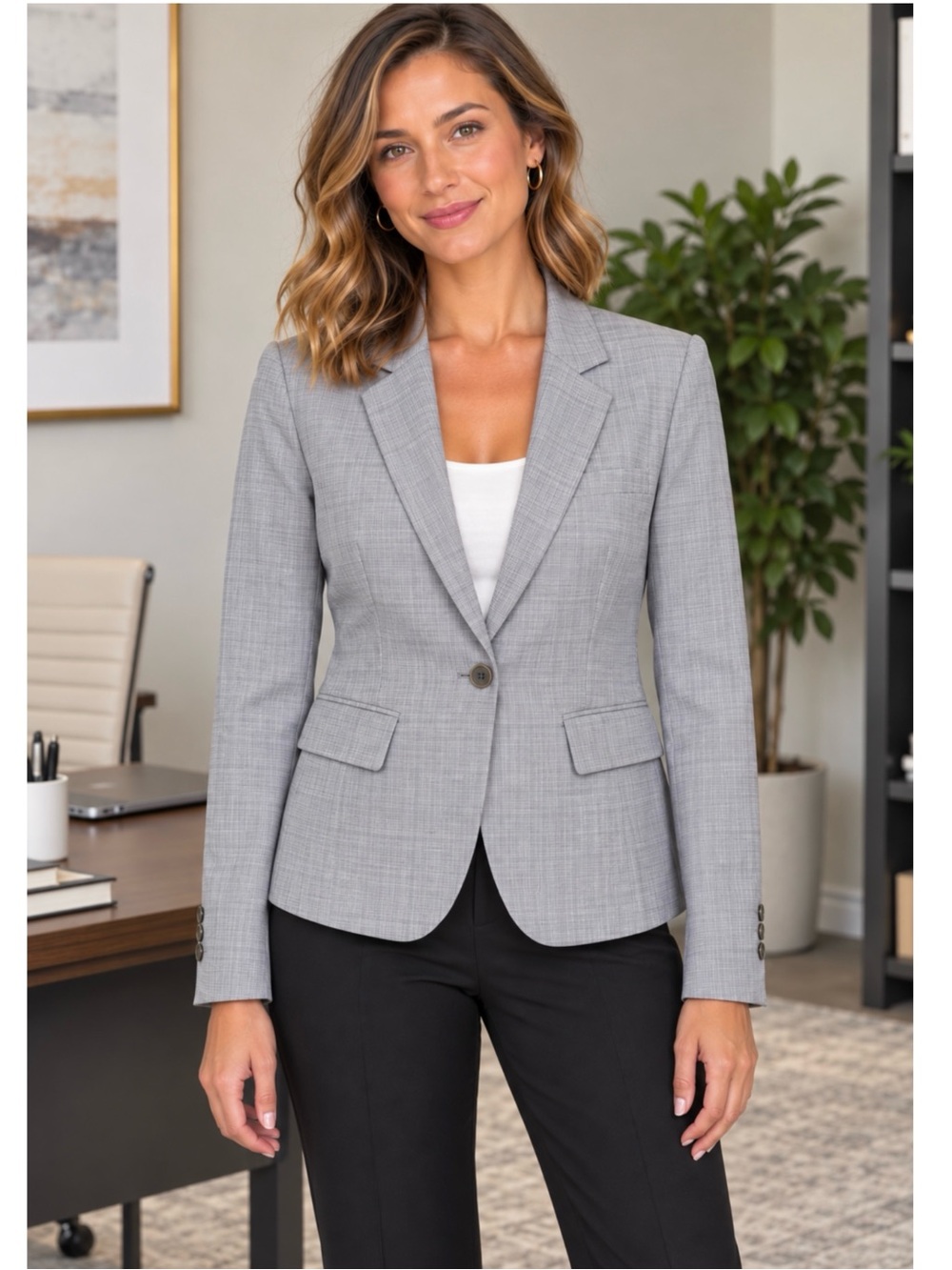 THEORY | Light Gray Micro Plaid Single Button Tailored Blazer Jacket Sz. 10